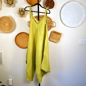 New Collection Sleeveless V Neck Jumpsuit 100% Linen Green Womens Size L